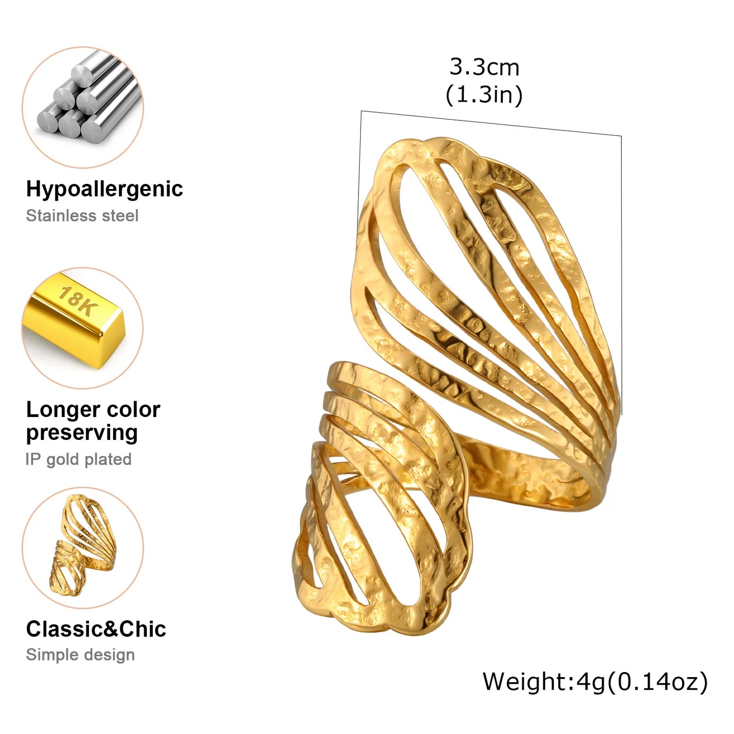 Irregular Hammered Stainless Steel 18K Gold Plated Rings, Adjustable Open Geometric Texture Rings for Women, Statement Jewelry