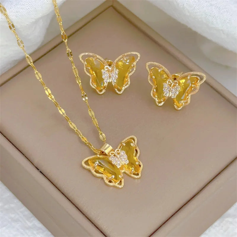 Micro-Inlaid Butterfly Necklace & Earrings Set