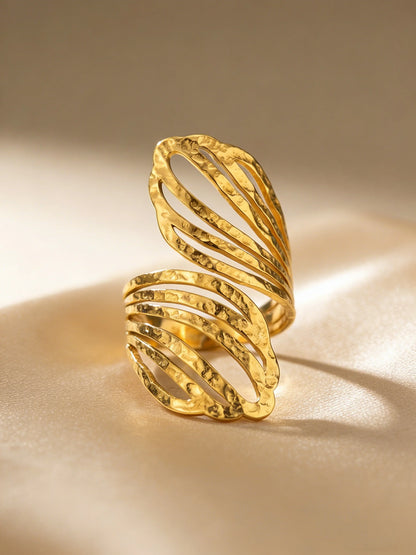 Irregular Hammered Stainless Steel 18K Gold Plated Rings, Adjustable Open Geometric Texture Rings for Women, Statement Jewelry