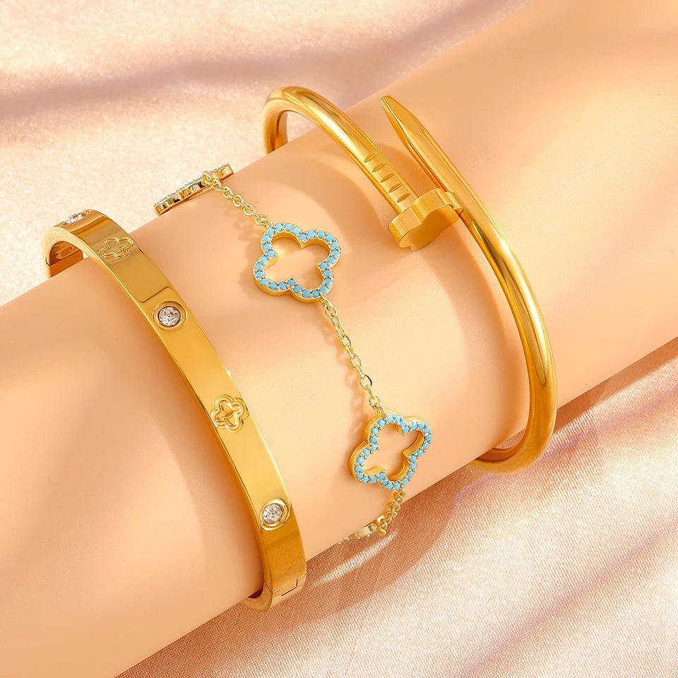 Jewlena™ 3-Piece Four-Leaf Clover Zircon Bangle Set – 18K Gold-Plated Elegance