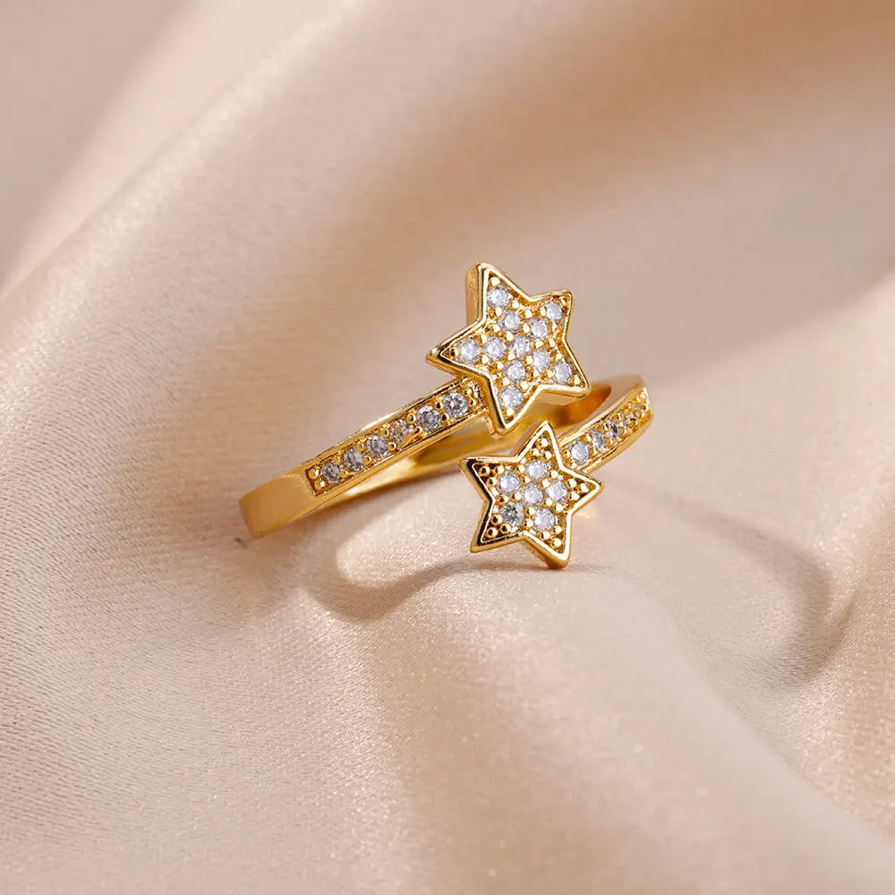 Nova Star Duo Ring – Trendy Gold Stainless Steel Zircon Jewlena