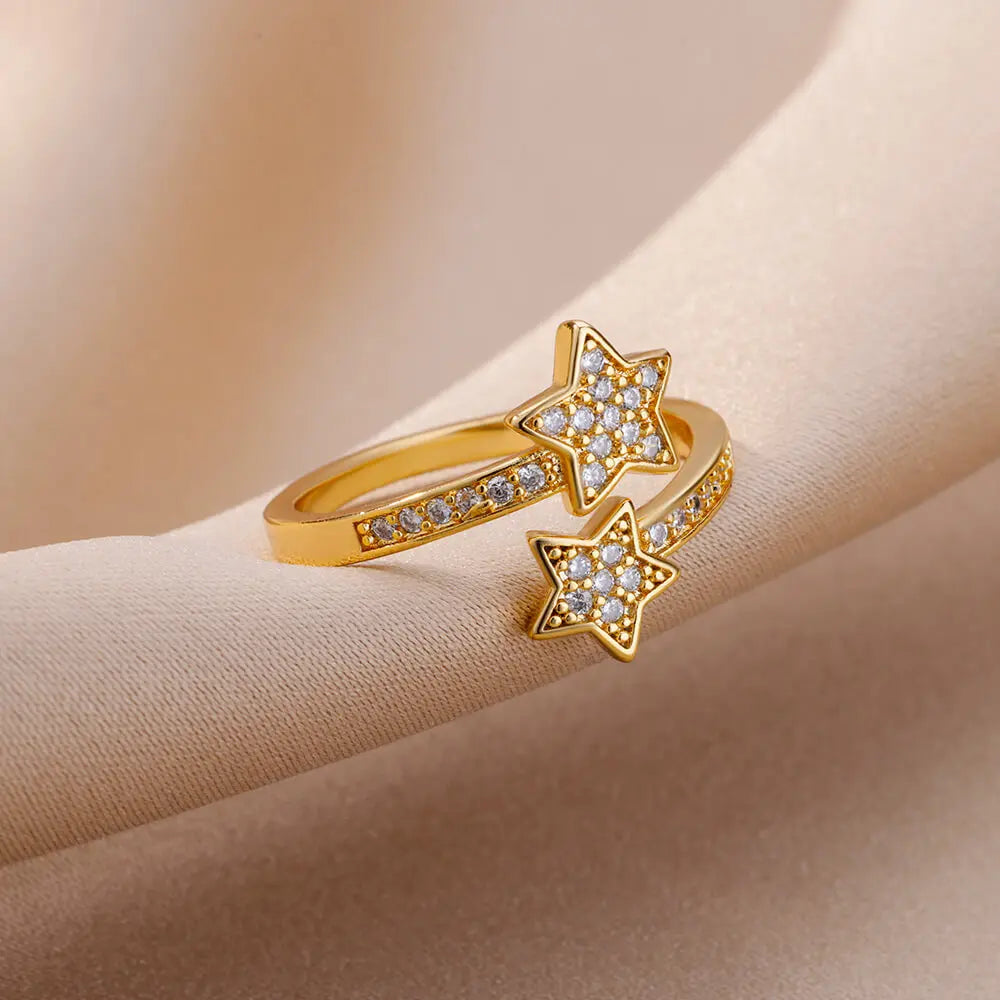 Nova Star Duo Ring – Trendy Gold Stainless Steel Zircon Jewlena
