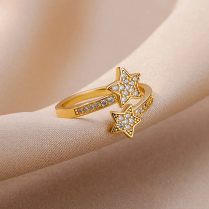 Nova Star Duo Ring – Trendy Gold Stainless Steel Zircon Jewlena