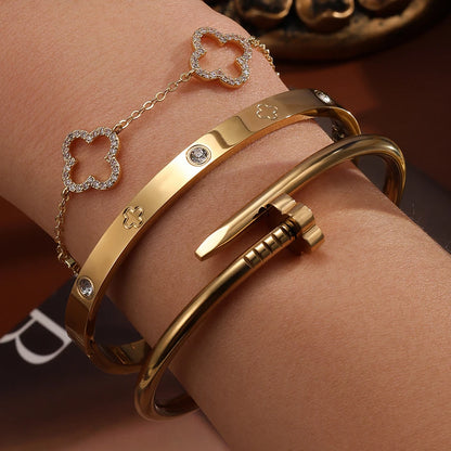 Jewlena™ 3-Piece Four-Leaf Clover Zircon Bangle Set – 18K Gold-Plated Elegance