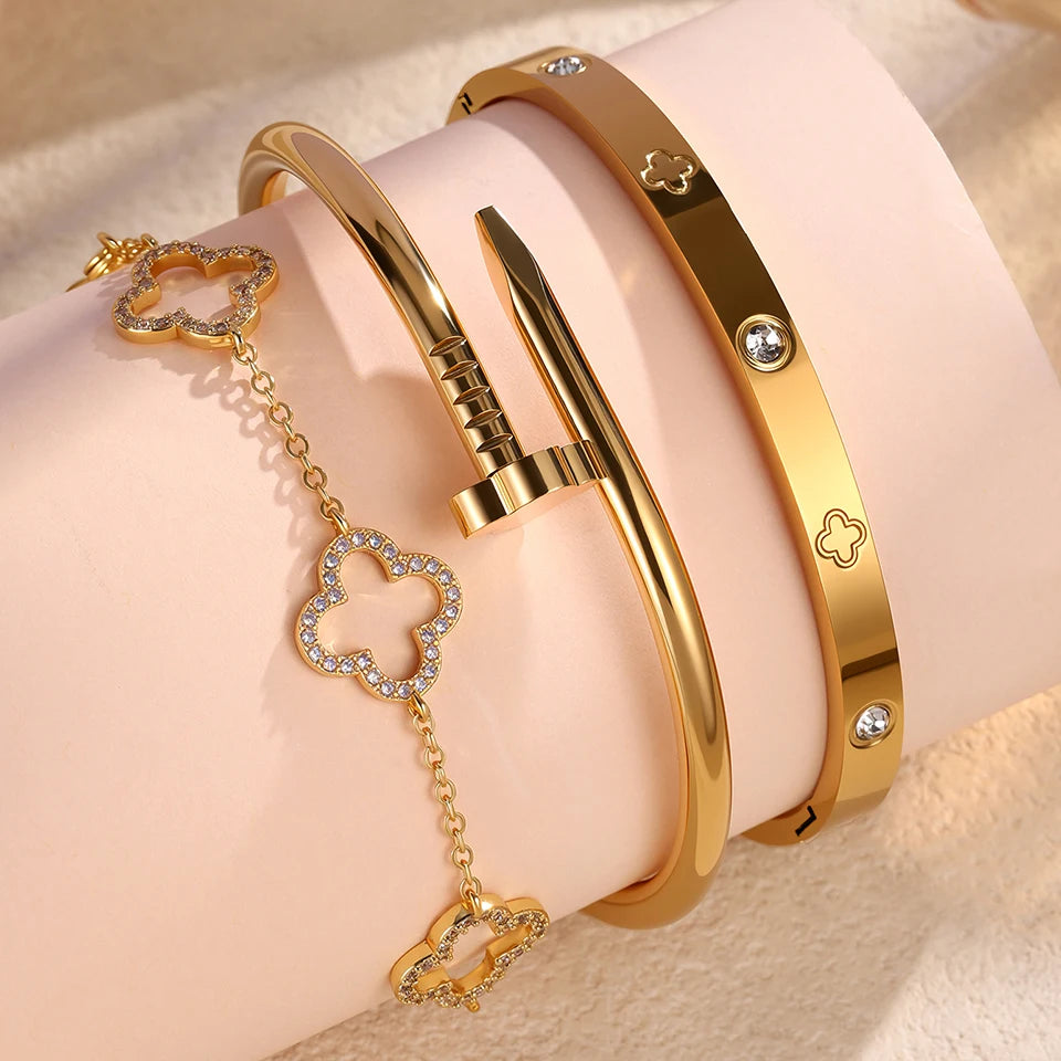 Jewlena™ 3-Piece Four-Leaf Clover Zircon Bangle Set – 18K Gold-Plated Elegance