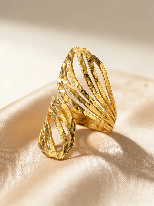 Irregular Hammered Stainless Steel 18K Gold Plated Rings, Adjustable Open Geometric Texture Rings for Women, Statement Jewelry