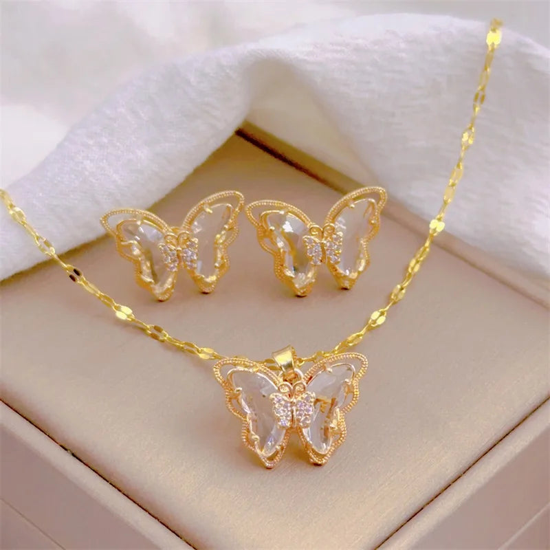 Micro-Inlaid Butterfly Necklace & Earrings Set