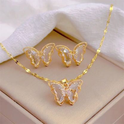 Micro-Inlaid Butterfly Necklace & Earrings Set