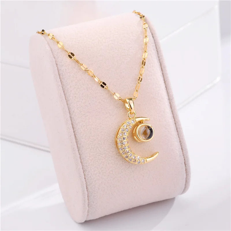 Jewlena Lunar Glow Necklace Stainless Steel Moon Pendant