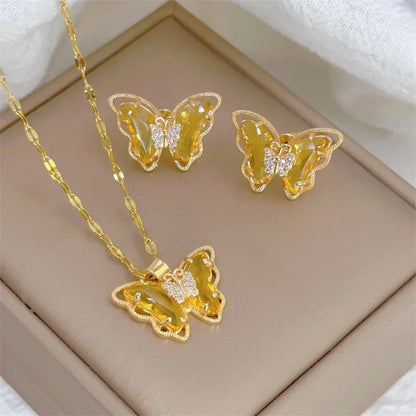 Micro-Inlaid Butterfly Necklace & Earrings Set