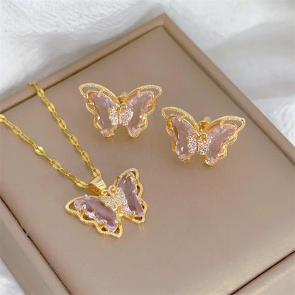 Micro-Inlaid Butterfly Necklace & Earrings Set