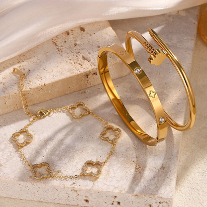 Jewlena™ 3-Piece Four-Leaf Clover Zircon Bangle Set – 18K Gold-Plated Elegance