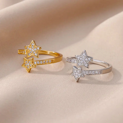 Nova Star Duo Ring – Trendy Gold Stainless Steel Zircon Jewlena