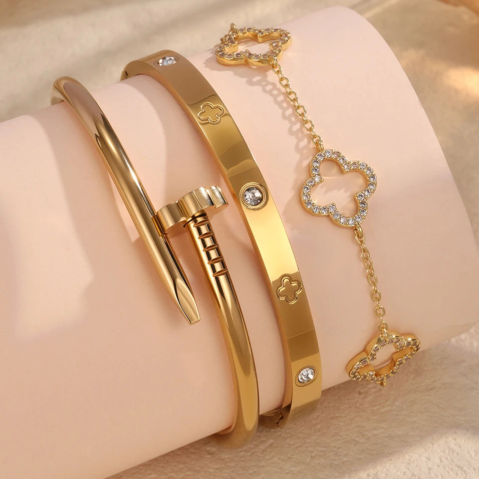Jewlena™ 3-Piece Four-Leaf Clover Zircon Bangle Set – 18K Gold-Plated Elegance