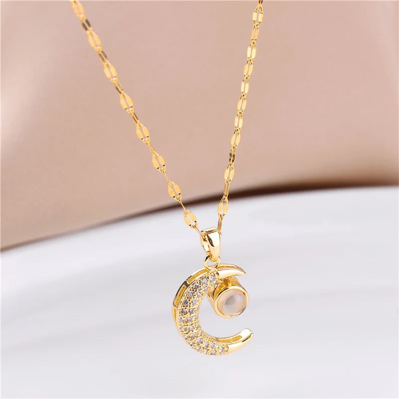 Jewlena Lunar Glow Necklace Stainless Steel Moon Pendant