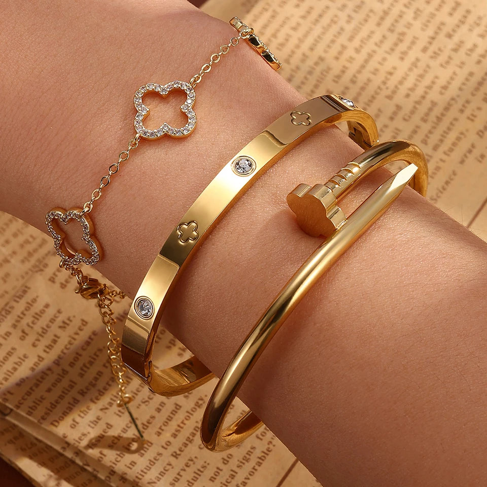 Jewlena™ 3-Piece Four-Leaf Clover Zircon Bangle Set – 18K Gold-Plated Elegance