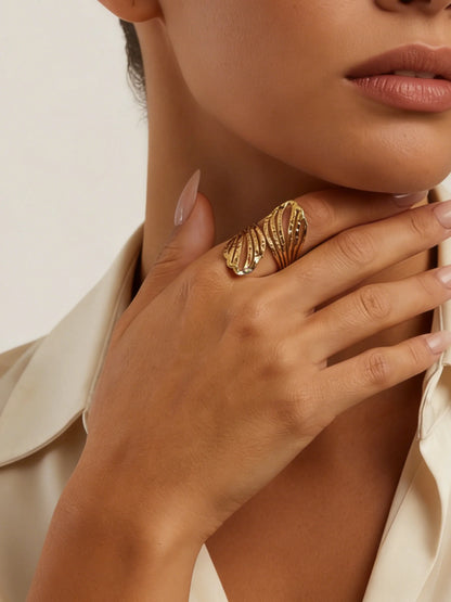 Irregular Hammered Stainless Steel 18K Gold Plated Rings, Adjustable Open Geometric Texture Rings for Women, Statement Jewelry