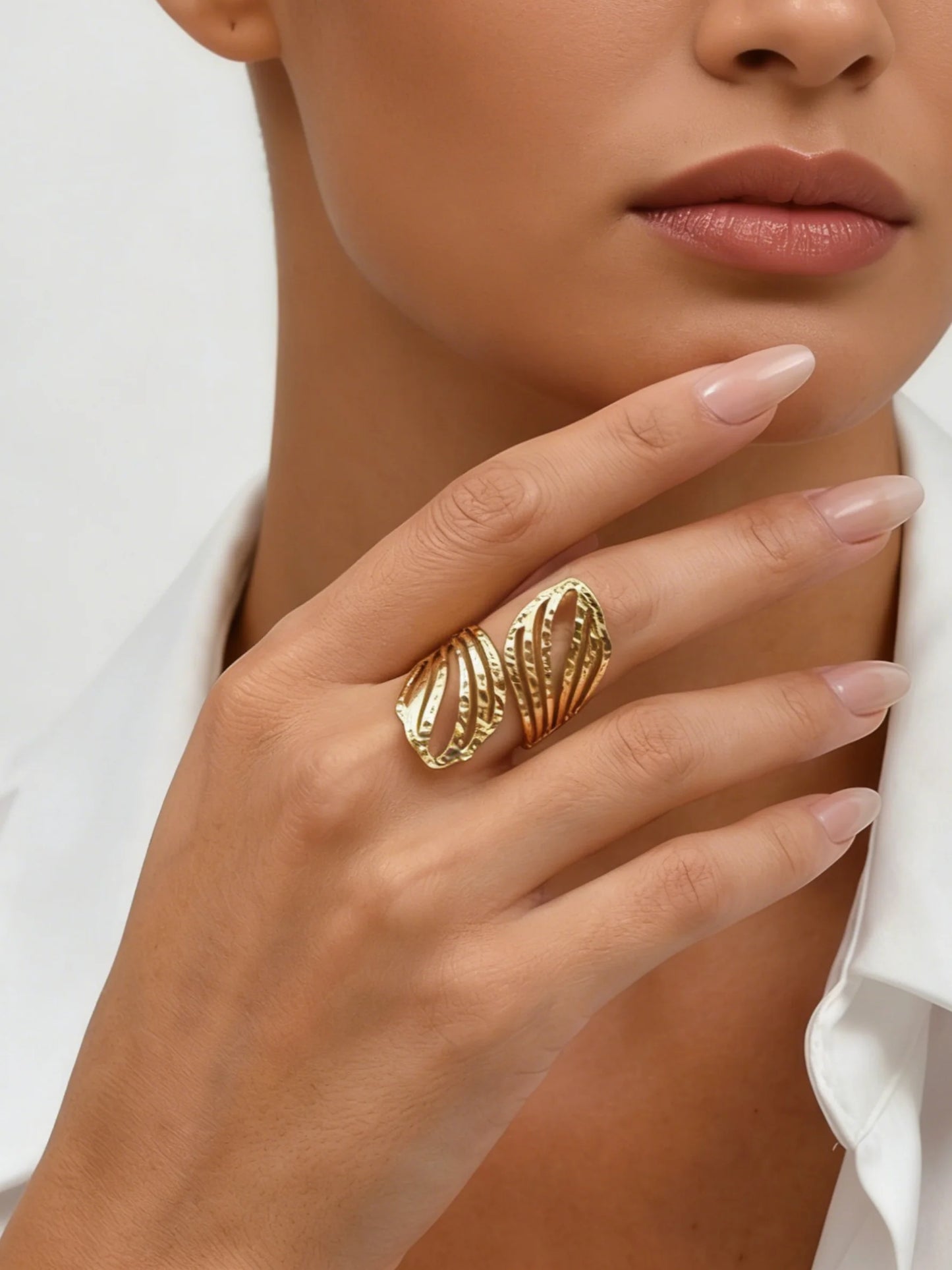 Irregular Hammered Stainless Steel 18K Gold Plated Rings, Adjustable Open Geometric Texture Rings for Women, Statement Jewelry